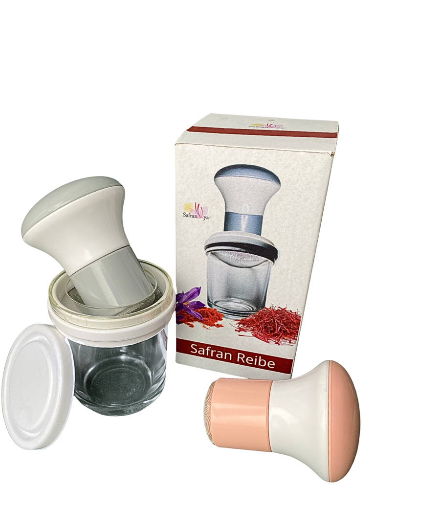 Safran Reibe mit Glasbehälter